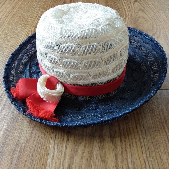 Vintage Red, White and Blue Hat Mesh Lace Helen Joyce Original 20.5" Retro - Picture 3 of 9